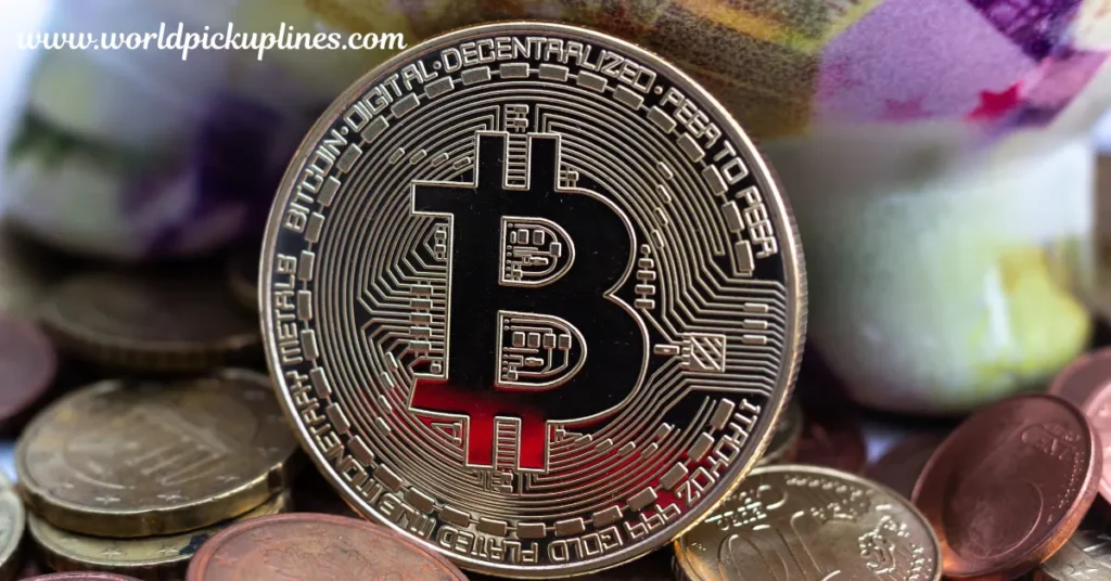 A close-up of a silver physical Bitcoin coin with a prominent red Bitcoin symbol, resting among regular metal coins.