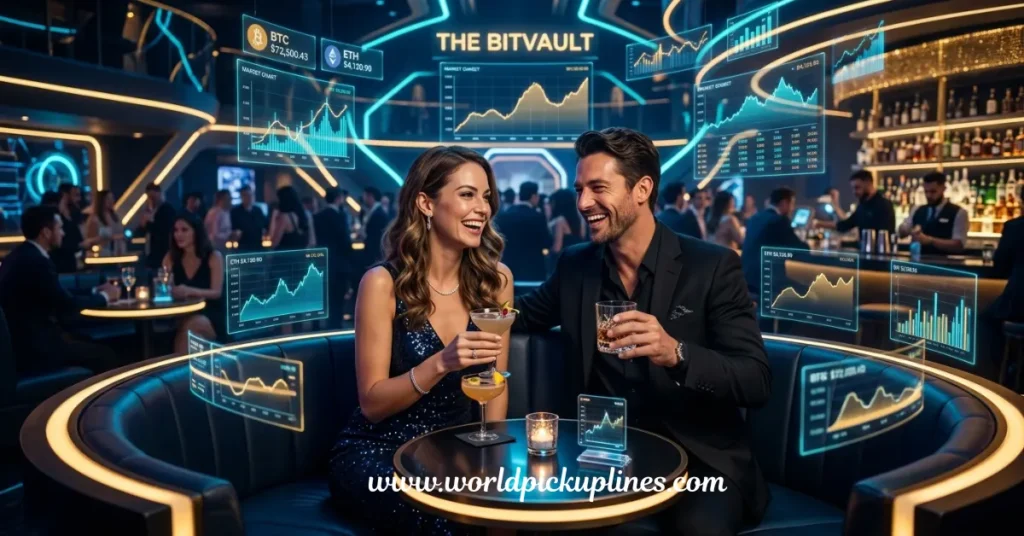 A smiling couple having drinks in a futuristic lounge called "THE BITVAULT" surrounded by holographic cryptocurrency market charts.