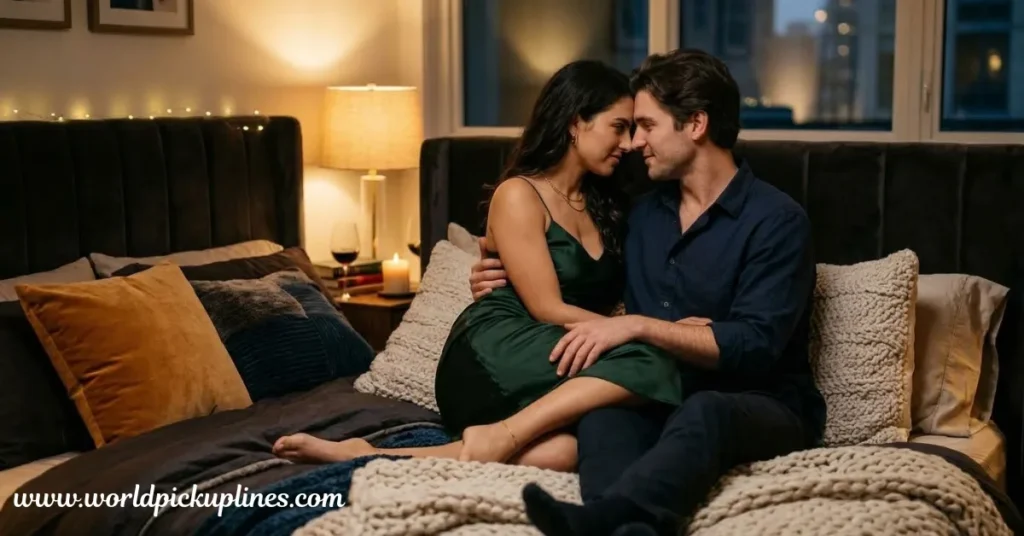 An intimate couple sitting together on a bed, resting their foreheads together in a warmly lit room.
