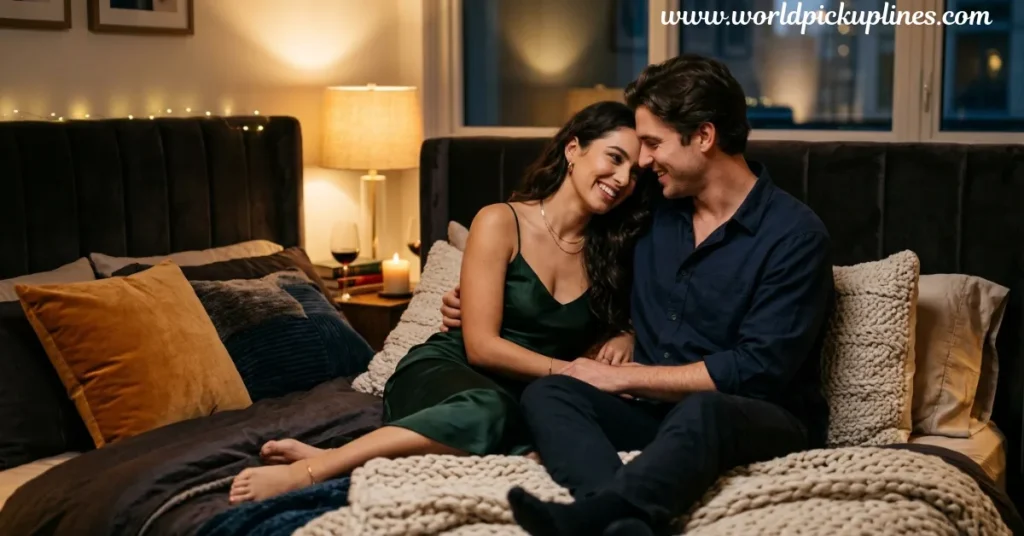 A romantic couple sitting together on a bed in a warmly lit bedroom, smiling and holding hands.
