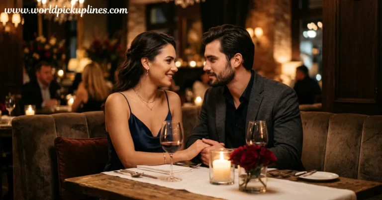 A couple holding hands and looking into each other's eyes at a cozy, candlelit dinner table.