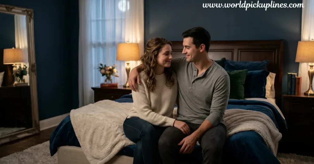 A cozy couple sitting together on the edge of a bed, smiling at each other with the man's arm around her shoulder.