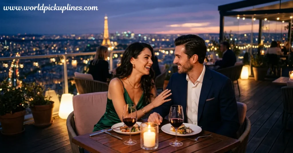 A couple enjoying a romantic rooftop dinner in Paris with a view of the illuminated Eiffel Tower at night.