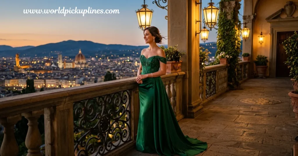 A woman in an elegant green off-the-shoulder gown standing on a balcony overlooking a city at sunset.