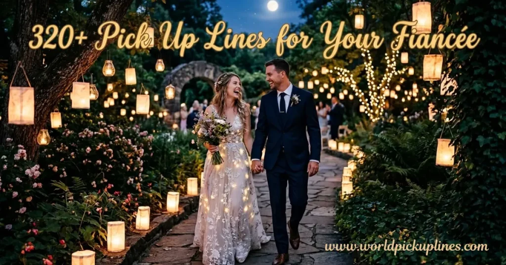 A bride and groom walk hand-in-hand along a stone path illuminated by hanging lanterns, with text overlay reading "320+ Pick Up Lines for Your Fiancée".