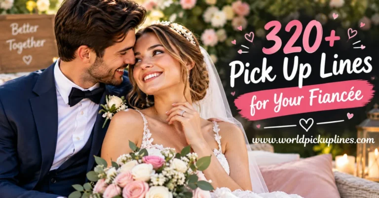 A smiling newlywed couple sitting close together on their wedding day, accompanied by graphic text reading "320+ Pick Up Lines for Your Fiancée".