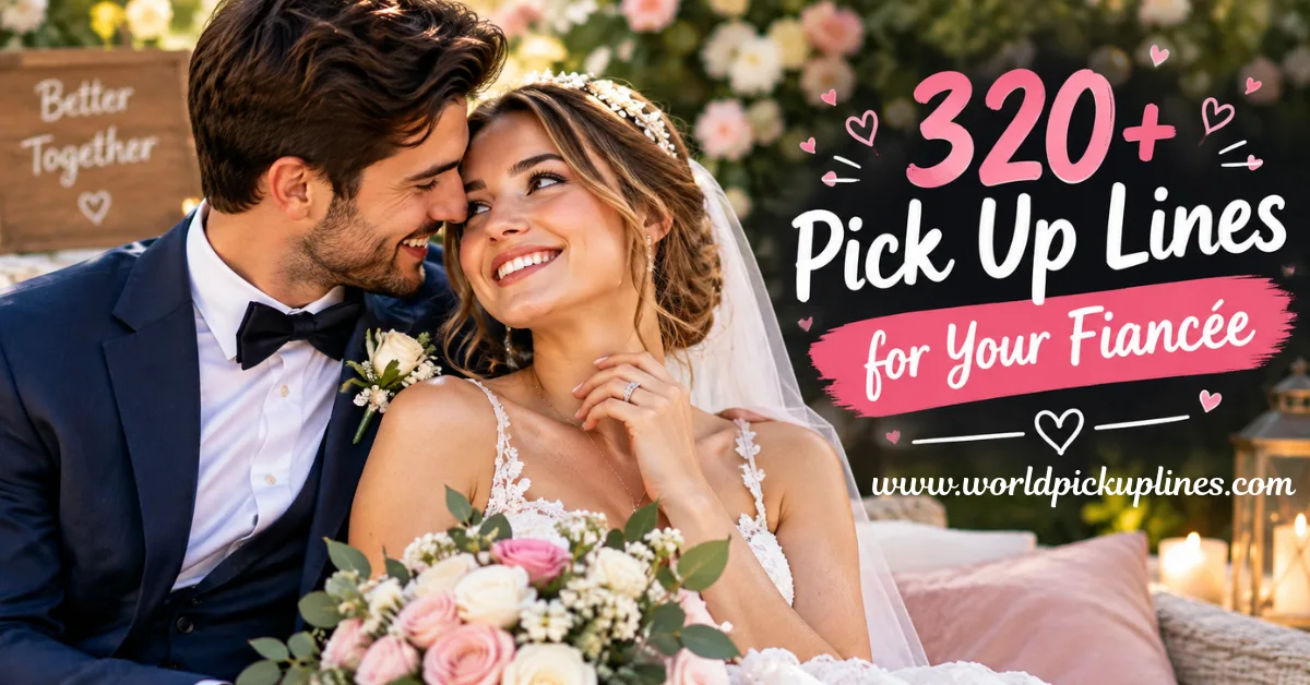 A smiling newlywed couple sitting close together on their wedding day, accompanied by graphic text reading "320+ Pick Up Lines for Your Fiancée".