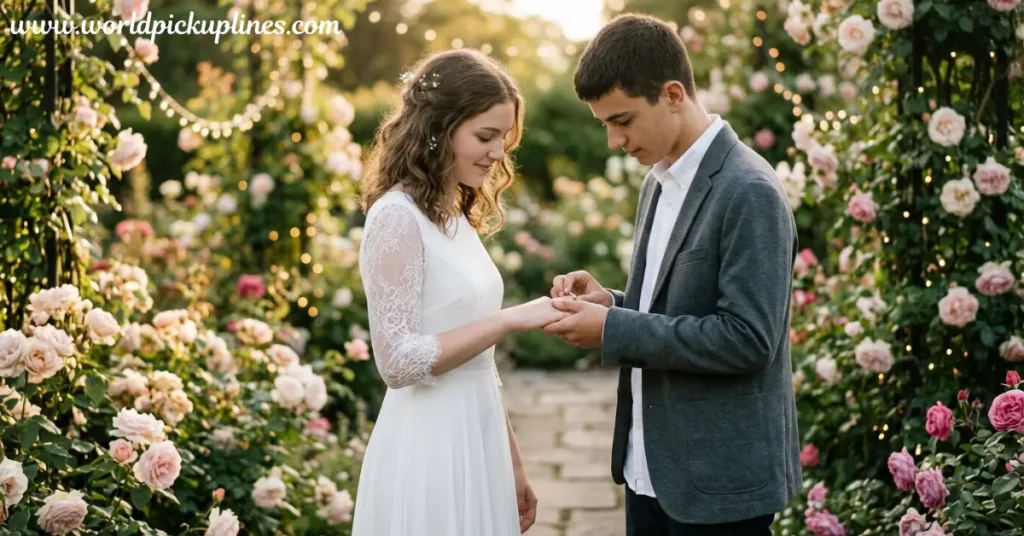 A groom placing a wedding ring on his bride's finger in a rose garden decorated with fairy lights.
