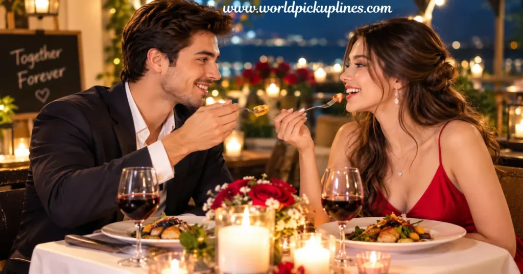 A smiling couple feeding each other food with forks during a romantic, candlelit dinner.