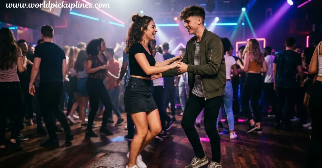 A young couple dancing and holding hands on a vibrant, colorful nightclub dance floor.