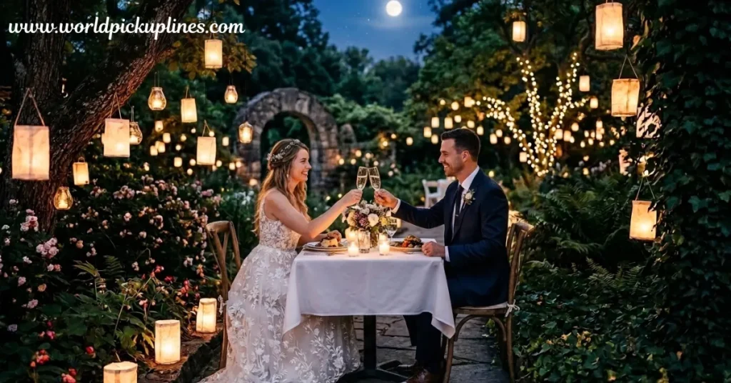 A bride and groom toasting with champagne glasses during a romantic outdoor dinner surrounded by hanging paper lanterns and fairy lights.