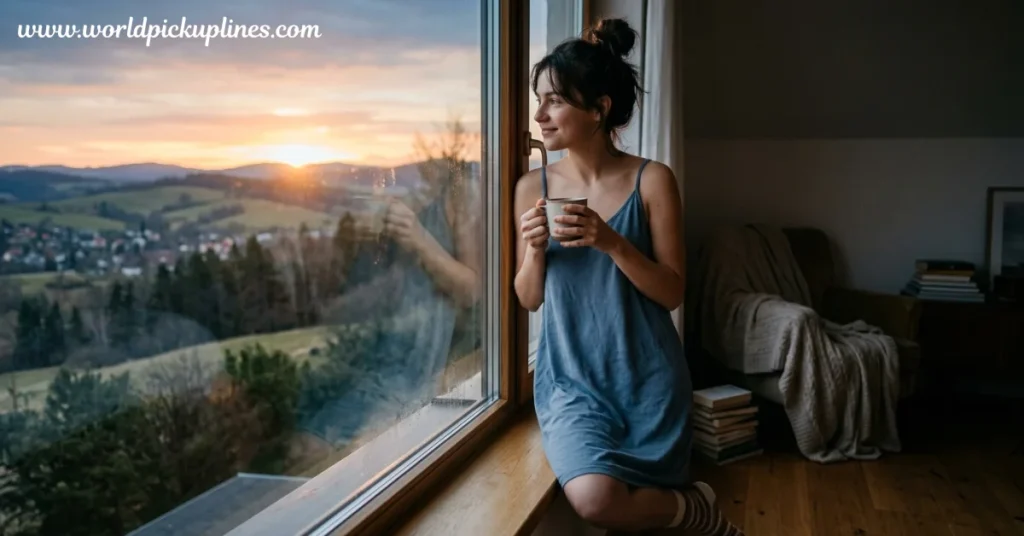 A woman in a blue slip dress holding a mug while gazing out a window at a scenic sunset over rolling hills.