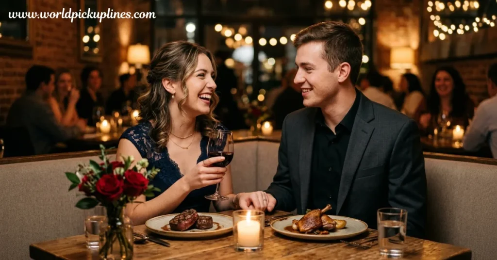 A smiling man and woman holding hands while dining together at a warm, candlelit restaurant.