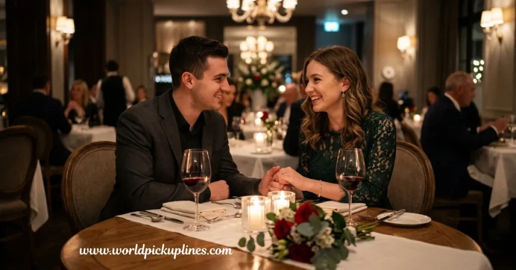 A smiling couple holds hands over a candlelit table while sharing a romantic dinner at an upscale restaurant.