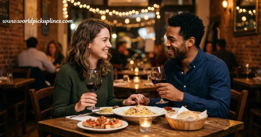 A smiling couple holding wine glasses and joining hands over pasta at a cozy, dimly lit restaurant.