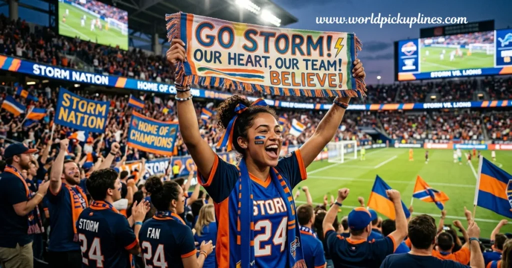 An enthusiastic female fan holds up a scarf reading "GO STORM! OUR HEART, OUR TEAM! BELIEVE!" in a crowded stadium filled with cheering sports supporters.