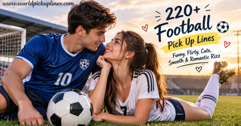 A young couple in soccer jerseys lies on a pitch together behind a soccer ball, alongside text promoting "220+ Football Pick Up Lines."