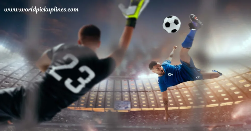 A soccer player in mid-air executes a bicycle kick toward the net while a goalkeeper dives to block the shot in a stadium setting.