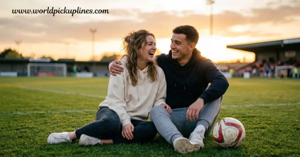 A young couple sits together on a sports field, laughing with arms around each other next to a soccer ball during sunset.