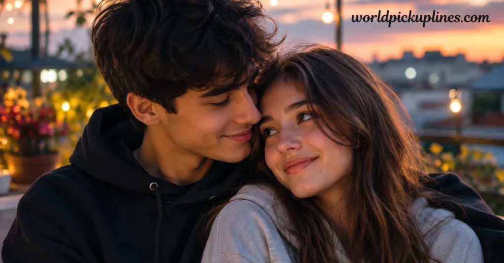 A young couple resting heads close together and smiling warmly outdoors at sunset.