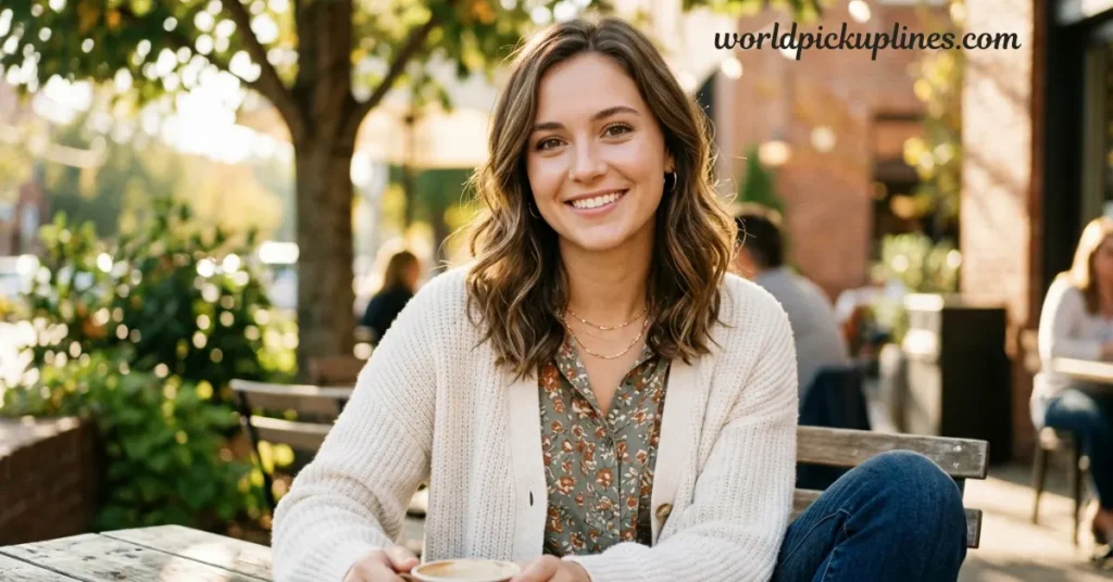A smiling woman wearing a cardigan sitting outdoors at a cafe patio table with a cup of coffee.