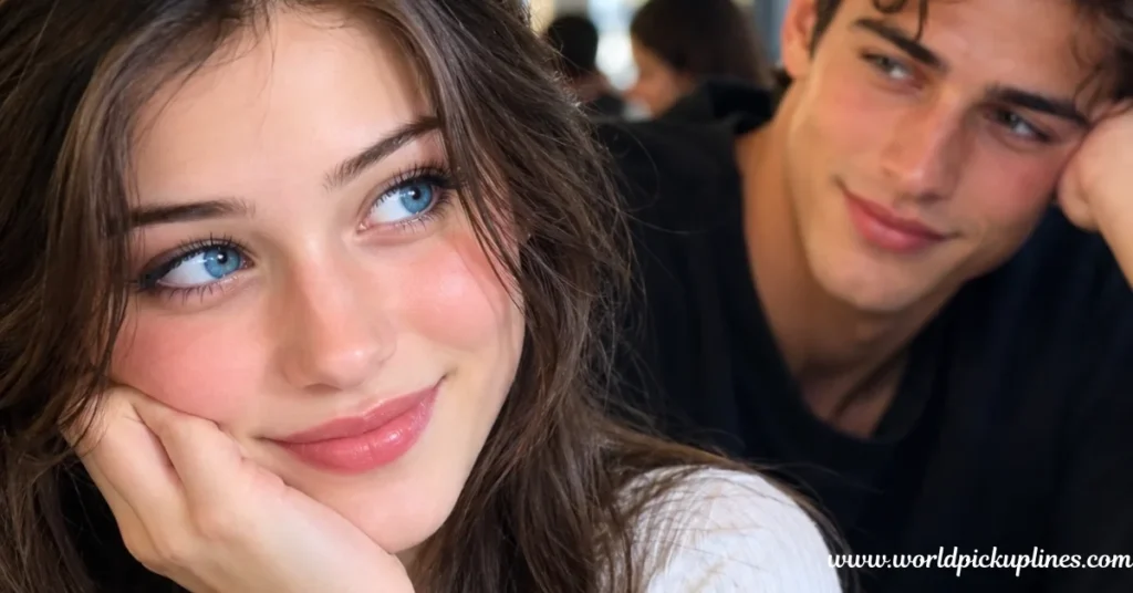 A close-up of a blue-eyed young woman smiling slyly with her chin resting on her hand while a young man in the background gazes intently at her.