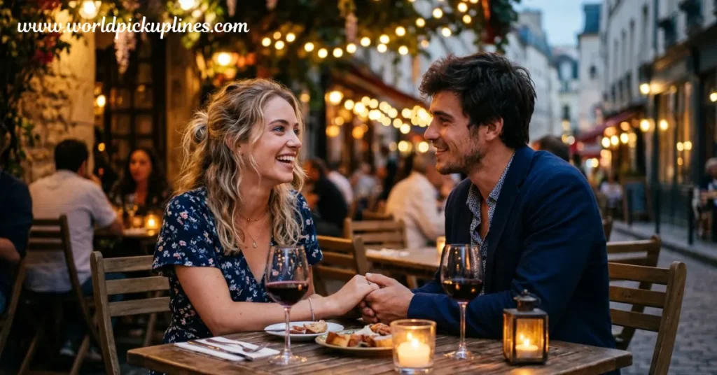 A smiling couple holding hands across a wooden table at an outdoor cafe at night, with string lights warmly glowing in the blurred background.