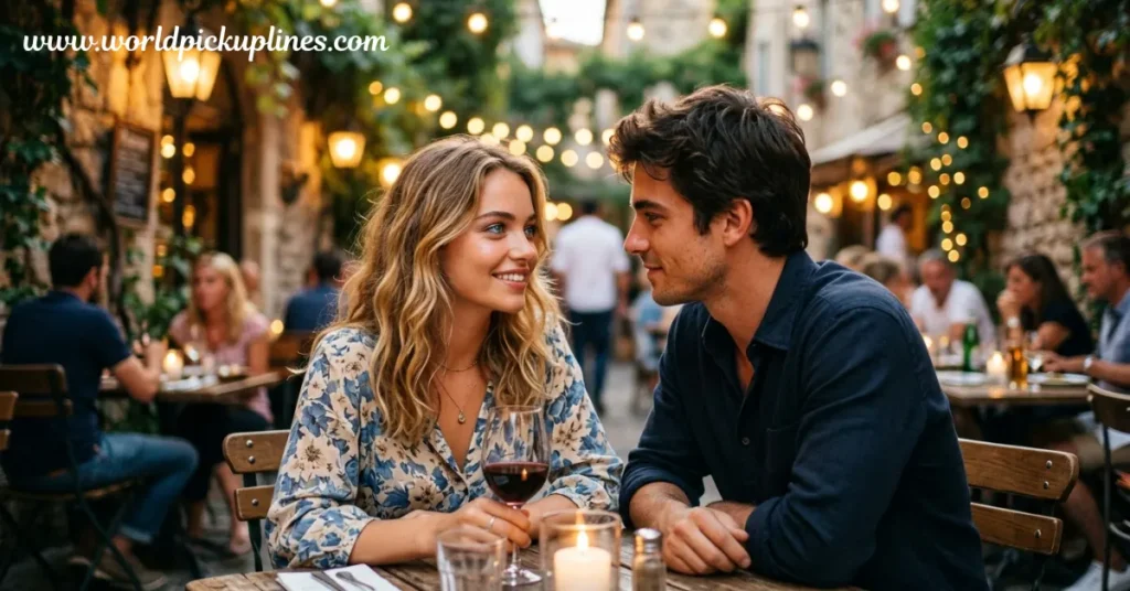A smiling young couple sitting together at an outdoor restaurant table during the evening, looking into each other's eyes under warm string lights.