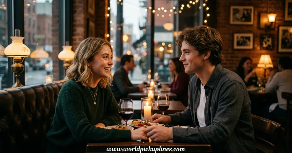 A young couple sits at a cozy, dimly lit restaurant table, smiling at each other and holding hands over wine glasses and candlelit meals.