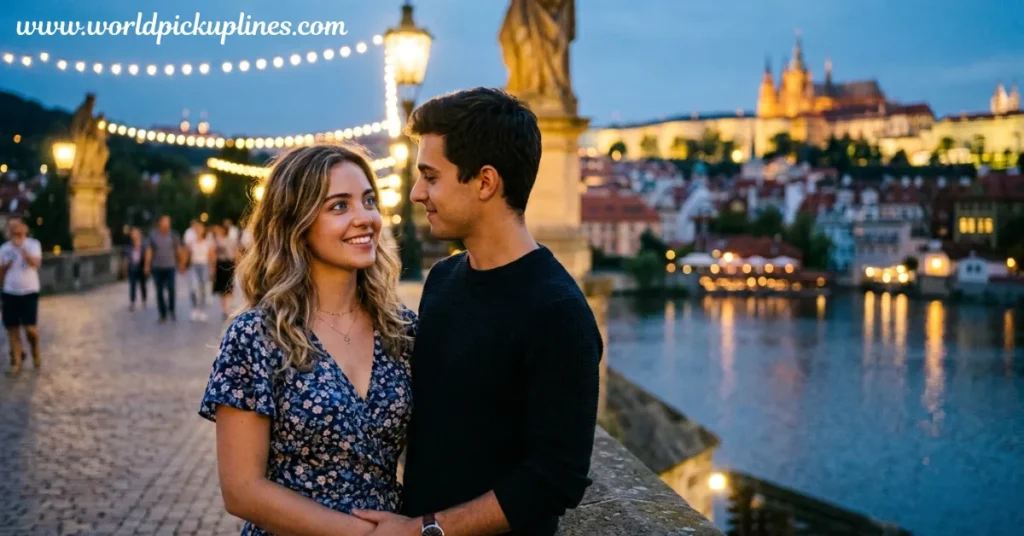 A smiling young couple standing close together on a bridge at twilight, with a illuminated cityscape in the background.