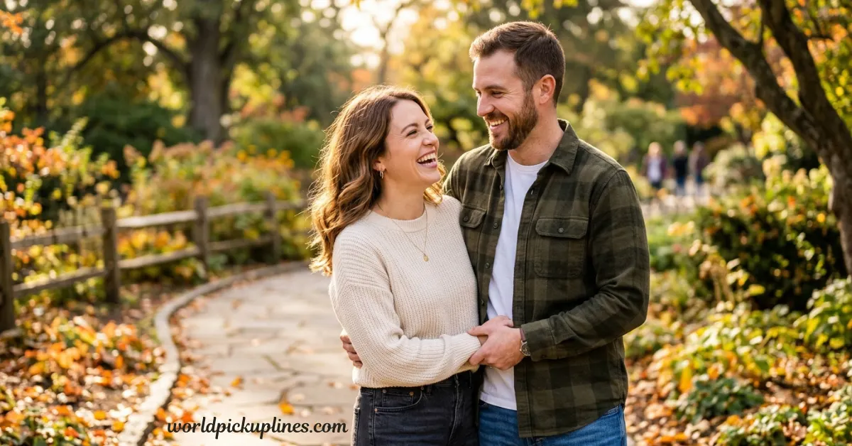 A smiling couple laughing and embracing while walking down a paved pathway in a park during autumn.