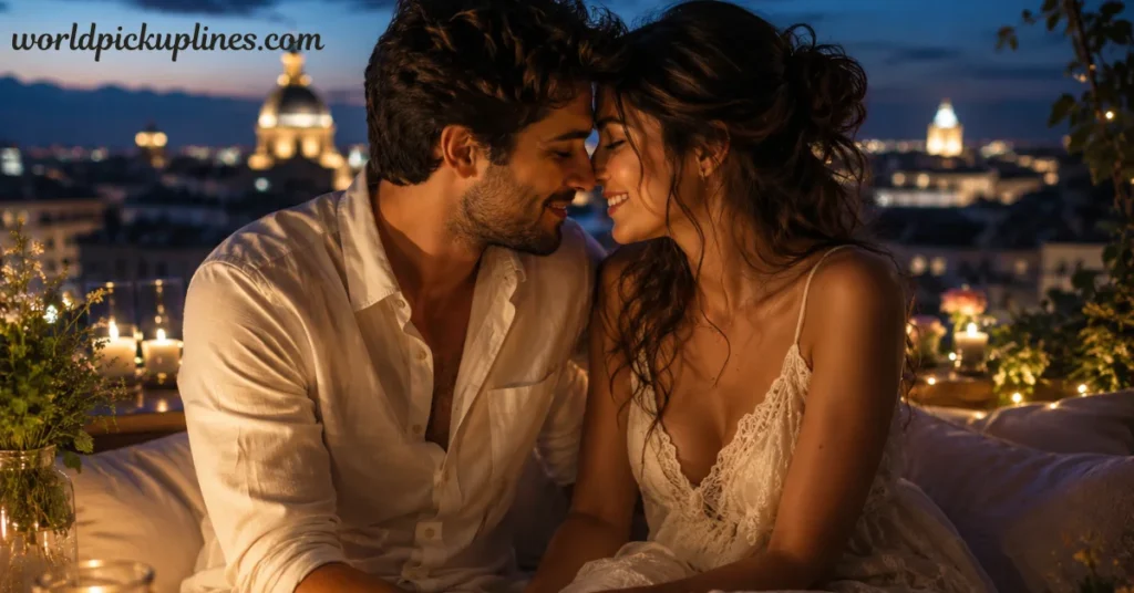 A couple sharing a romantic, candlelit moment on a rooftop terrace overlooking a glowing city skyline at night.