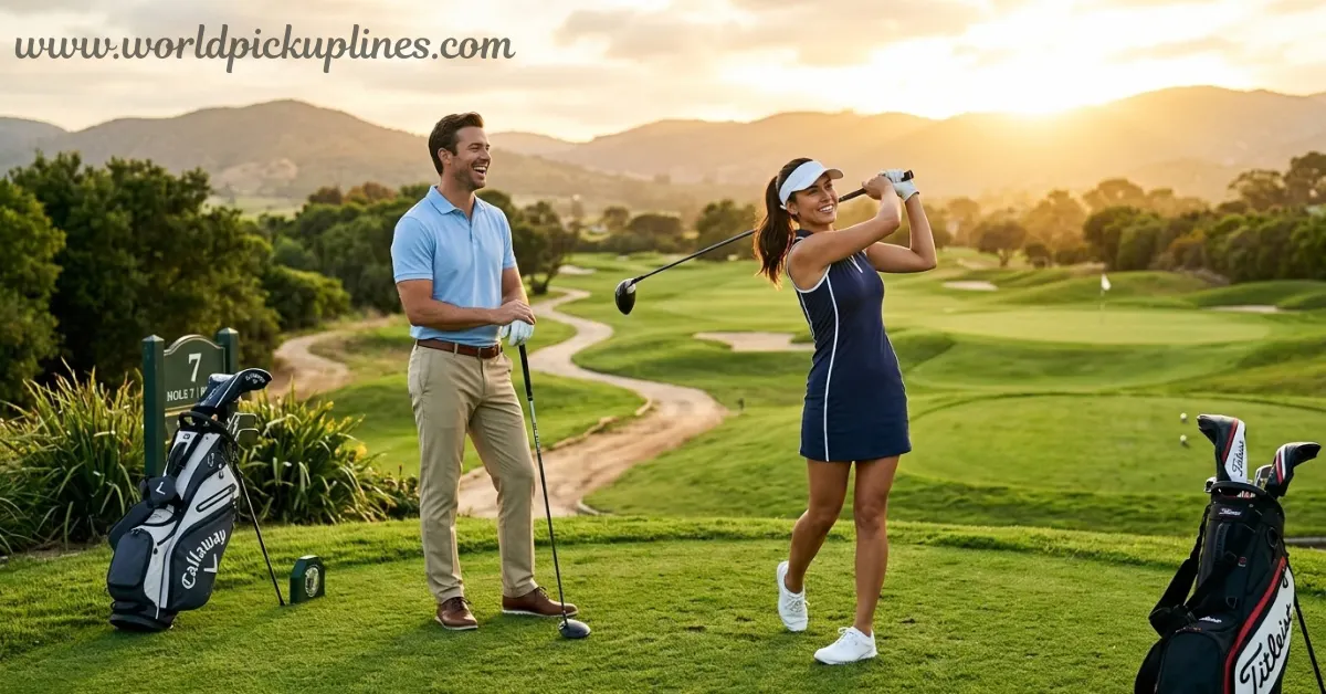 A smiling woman taking a golf swing on a scenic green course while a man watches and laughs.