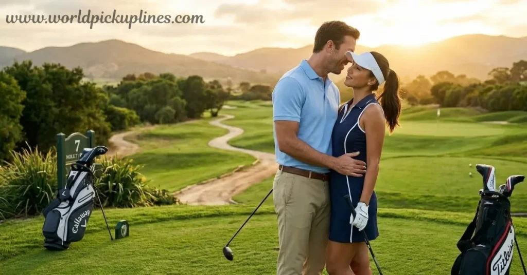A smiling couple embracing intimately on a scenic golf course at sunset, with golf bags standing on the grass nearby.