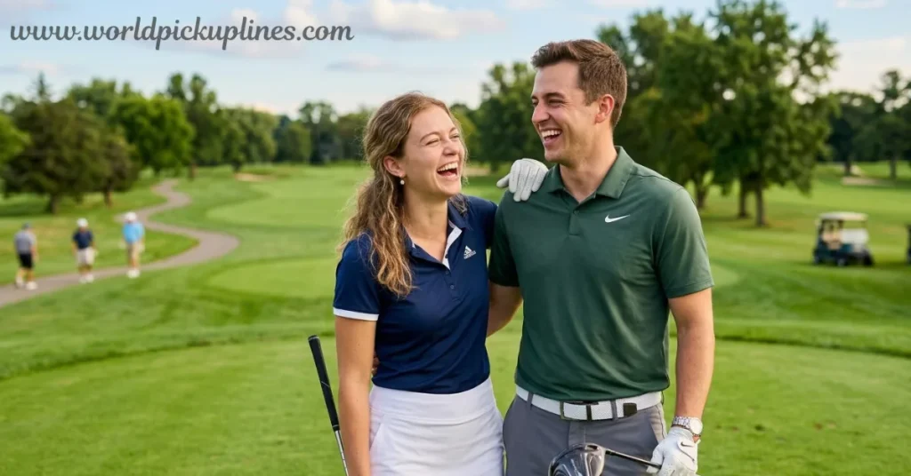 A smiling man and woman laughing together on a green golf course, with the man wearing a green polo shirt and the woman in a navy blue polo shirt.