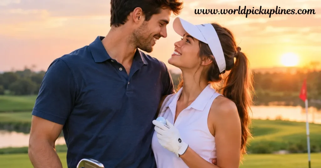 Close-up of a smiling couple looking lovingly at each other on a golf course during sunset, with the woman holding a golf ball.