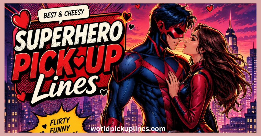 Comic book-style illustration of a masked superhero embracing a woman against a city skyline, with text reading "Best & Cheesy Superhero Pick-Up Lines".