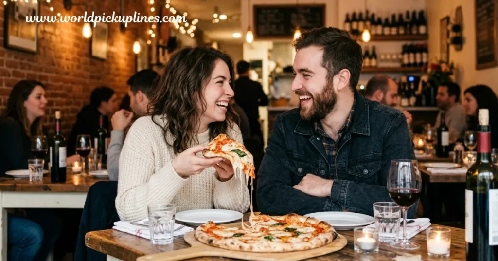 A smiling young couple sharing a cheesy slice of pizza at a cozy restaurant table.