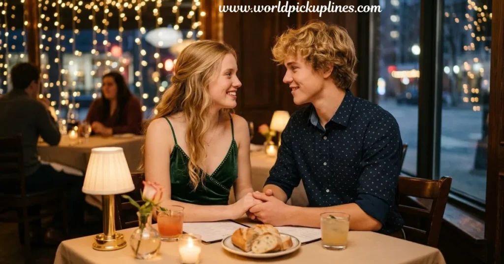 A young couple holding hands across a restaurant table while smiling at each other during a dinner date.