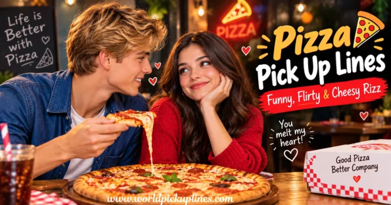 A young couple enjoying a pizza date next to text overlay reading "Pizza Pick Up Lines: Funny, Flirty & Cheesy Rizz."