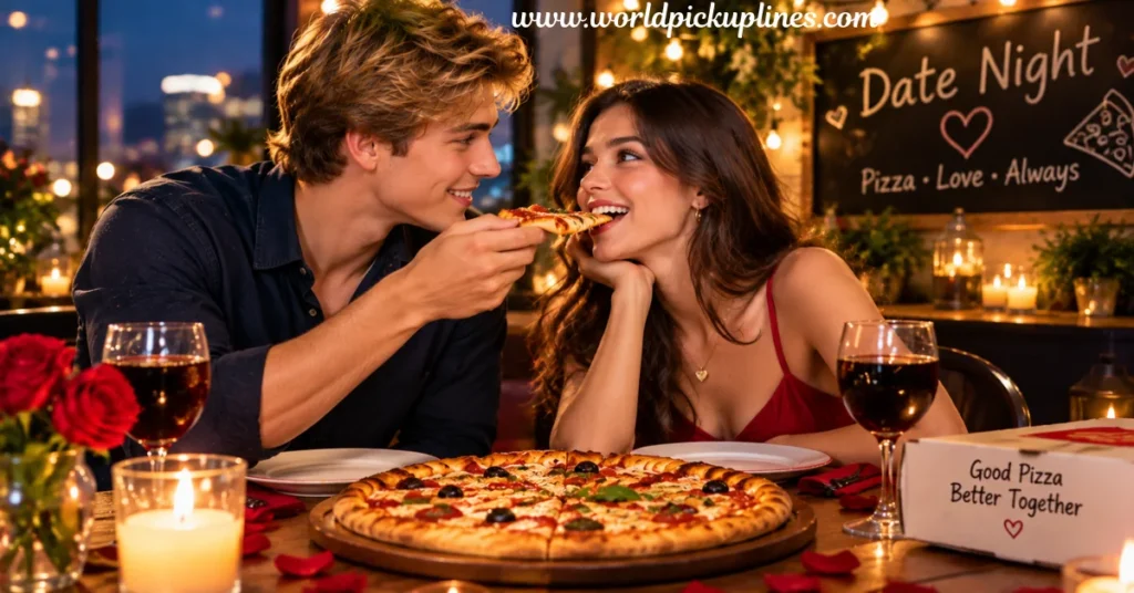 A young couple enjoying a romantic pizza date night together at a candlelit restaurant table, with the man feeding a slice of pizza to the smiling woman.