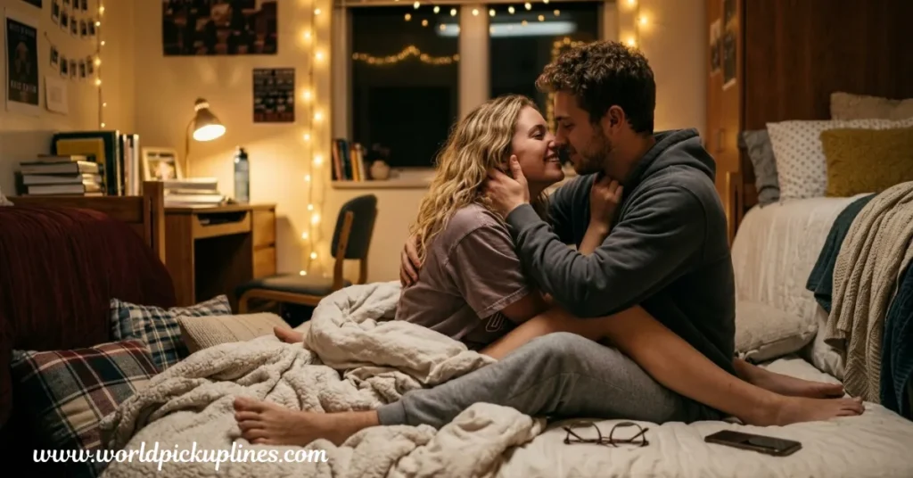 A couple sharing an intimate embrace on a bed in a cozy dorm room decorated with string lights.