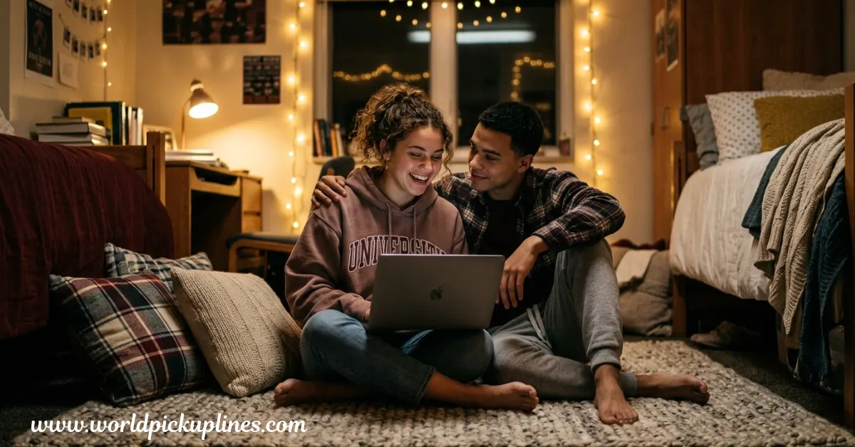 A young man and woman sitting together on a rug in a cozy dorm room, smiling while looking at a laptop computer.