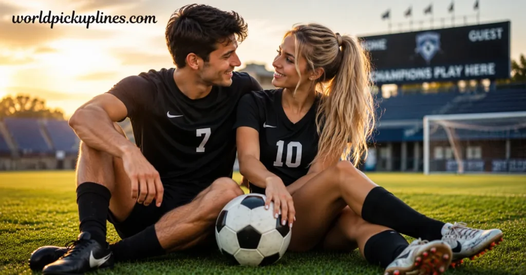 A man and a blonde woman wearing numbered black soccer jerseys sitting together on a field with a soccer ball in front of a scoreboard.