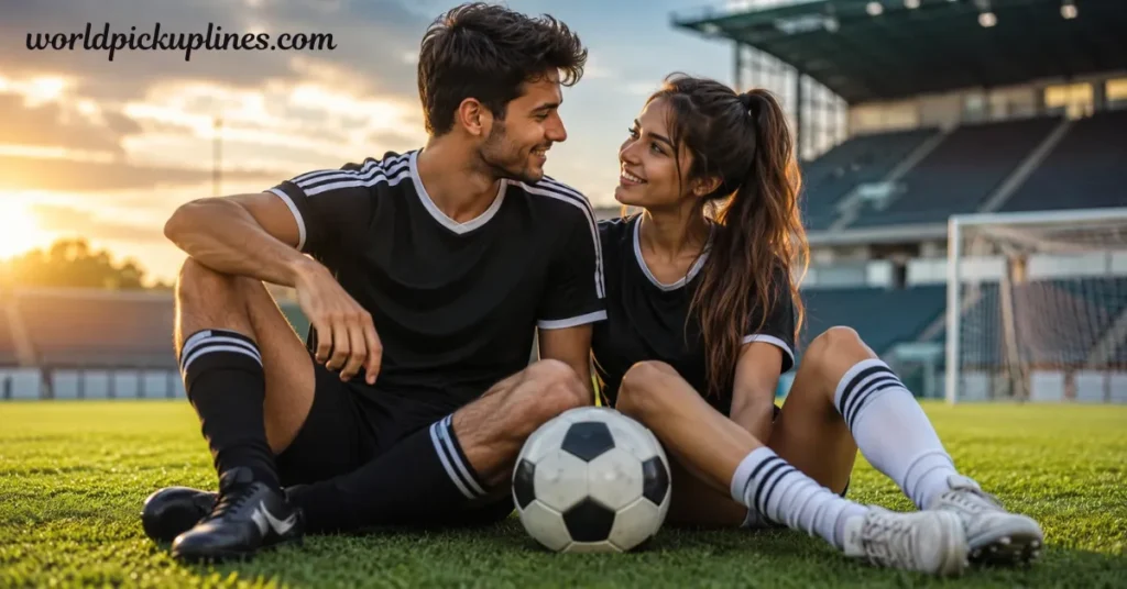A smiling man and woman in black athletic wear sitting side-by-side on a soccer field near a soccer ball.