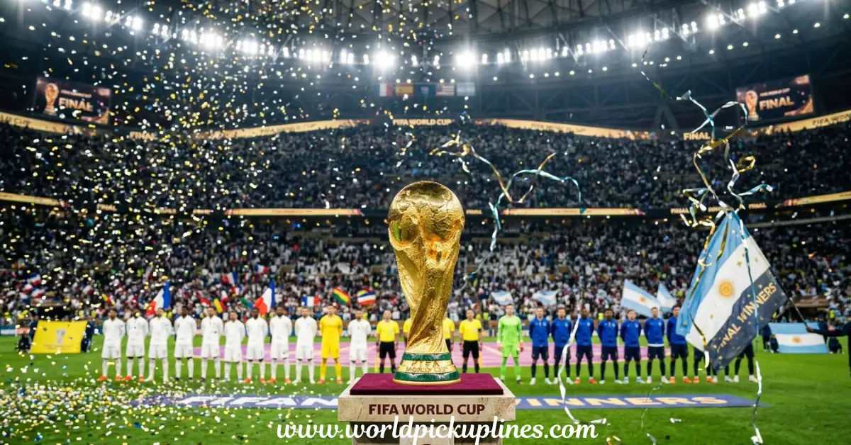 The FIFA World Cup trophy displayed on a pedestal in a stadium with confetti falling and soccer teams lined up on the field.