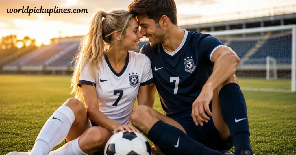A smiling couple in matching soccer uniforms sitting on a field, touching foreheads next to a soccer ball.
