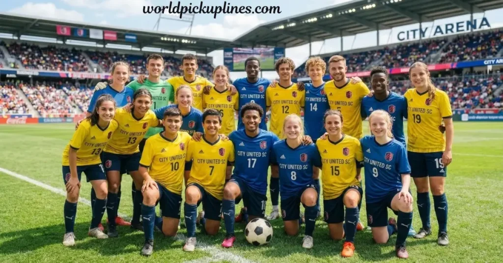 A youth soccer team in blue and yellow City United SC jerseys posing together on a field inside a stadium.