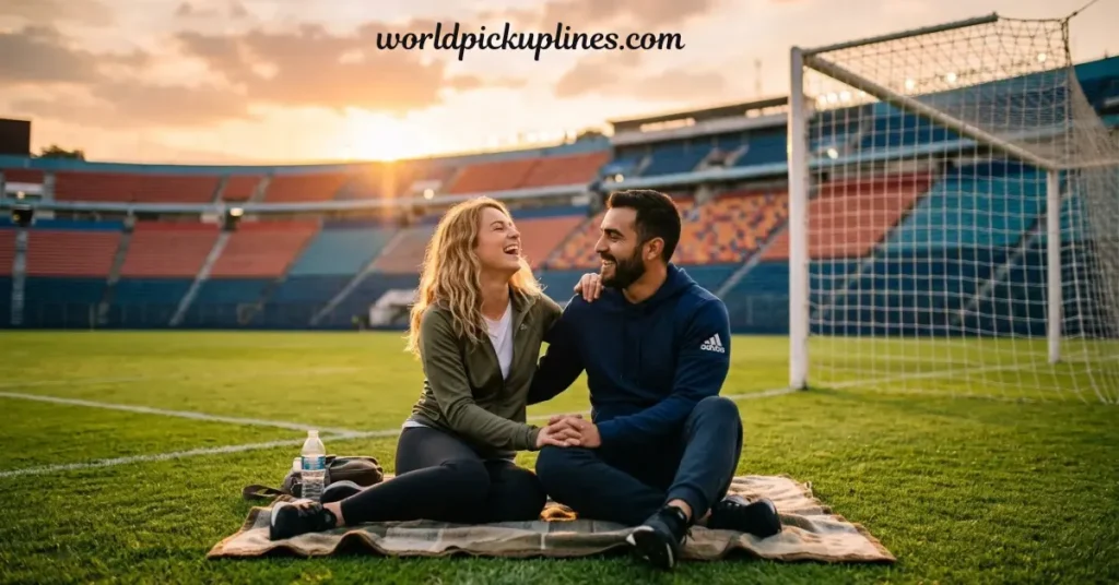 A smiling couple sitting on a blanket on a soccer field inside a stadium at sunset.