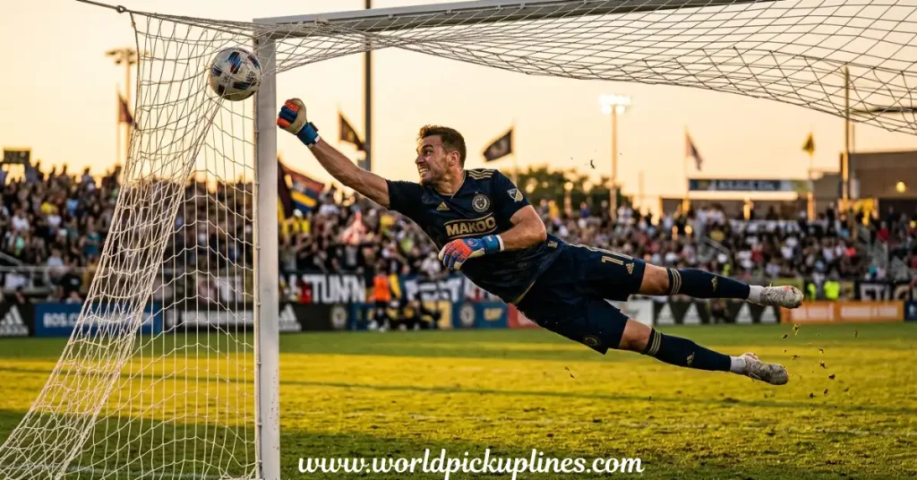 A soccer goalkeeper diving mid-air to reach a ball near the top corner of the goal net during a stadium match.